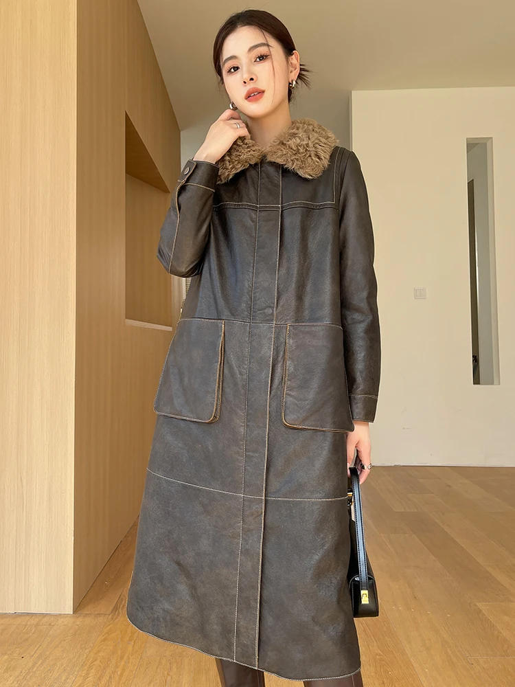 

Natural Wool Collar Genuine Leather Down Coats for Women 2026 New High-end Simple Winter Long Real Sheepskin Goose Down Jacket