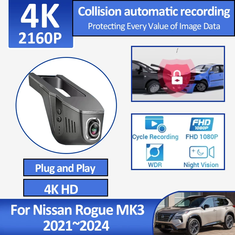 

For Nissan Rogue X Trail X-Trail MK3 XT33 2021 2022 2023 2024 4K New Hidden Driving Record HD Wide Angle Car Camera Accessories