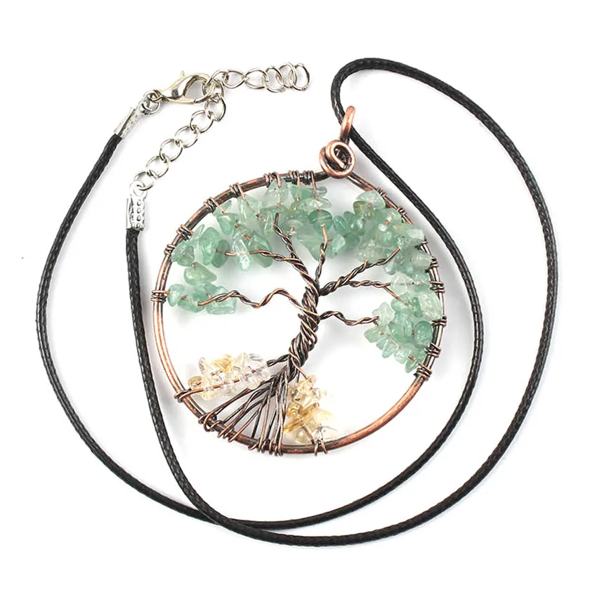 Antique Copper Wire Wrapped Tree of Life Stone Pendant Necklace For Women Nautral Amethyst Citrine Crystal Chip Gemstone Jewelry