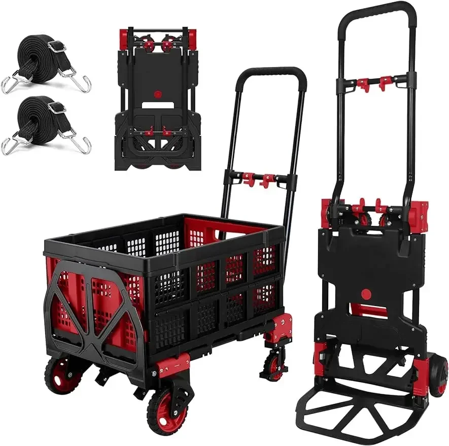 2-in-1 Hand Truck Dolly with Folding Basket,Folding Hand Truck with Rubber Wheels and Telescoping Handle