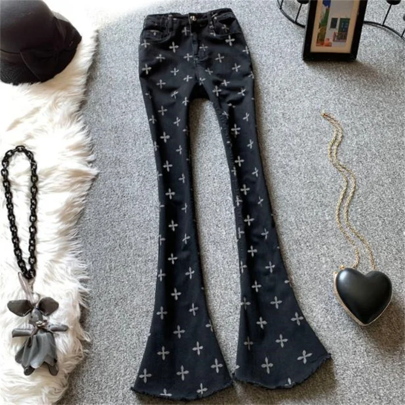 

Long horseshoe pants female 2023 new spring summer high waist mopping cross black denim flared pants