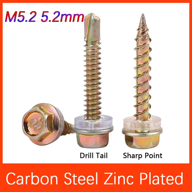 10 قطعة M5.2 5.2 مللي متر رأس سداسي خارجي مع غسالة برغي حفر ذاتي مطلي بالزنك-برغي خارجي سداسي ذاتي التنصت #2