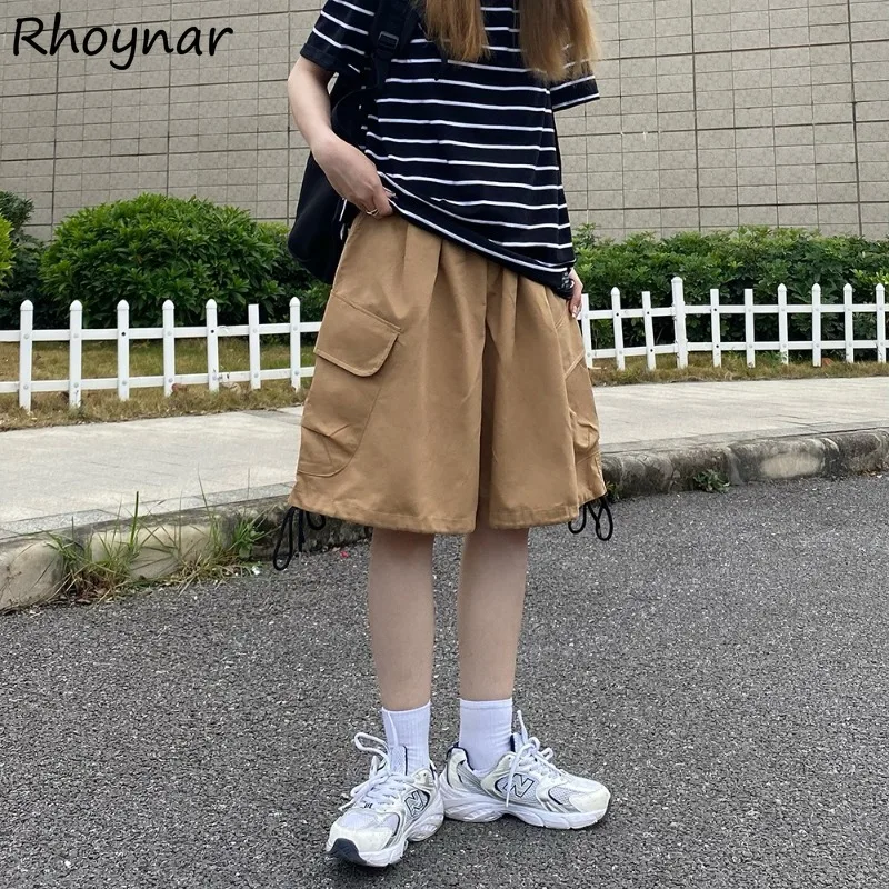 Shorts Women Unisex Couples Pockets Lace-up High Waist Retro All-match Leisure Solid Korean Style Fashion Loose Soft Summer Chic