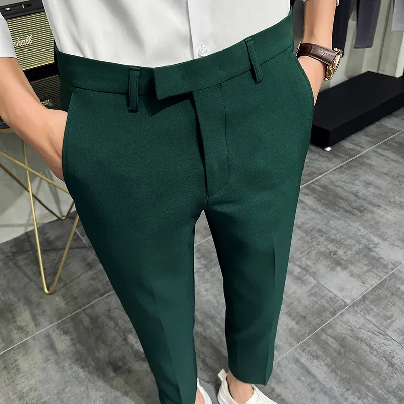 2024 Mens Dress Pants Summer Fashion Dark Green Mens Suit Pants Pure Color Business Slim Fit Dress Office Tight Cropped Trousers