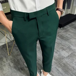 Calça justa masculina de escritório, calça cortada, cor pura, terno de negócio, escritório, verde escuro, moda verão, 2024