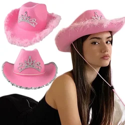 Western Cowboy Caps Pink Cowgirl Hat for Women Girl Tiara Cowgirl Hat Holiday Costume Party Hat Sequin Feather Edge Fedora Cap