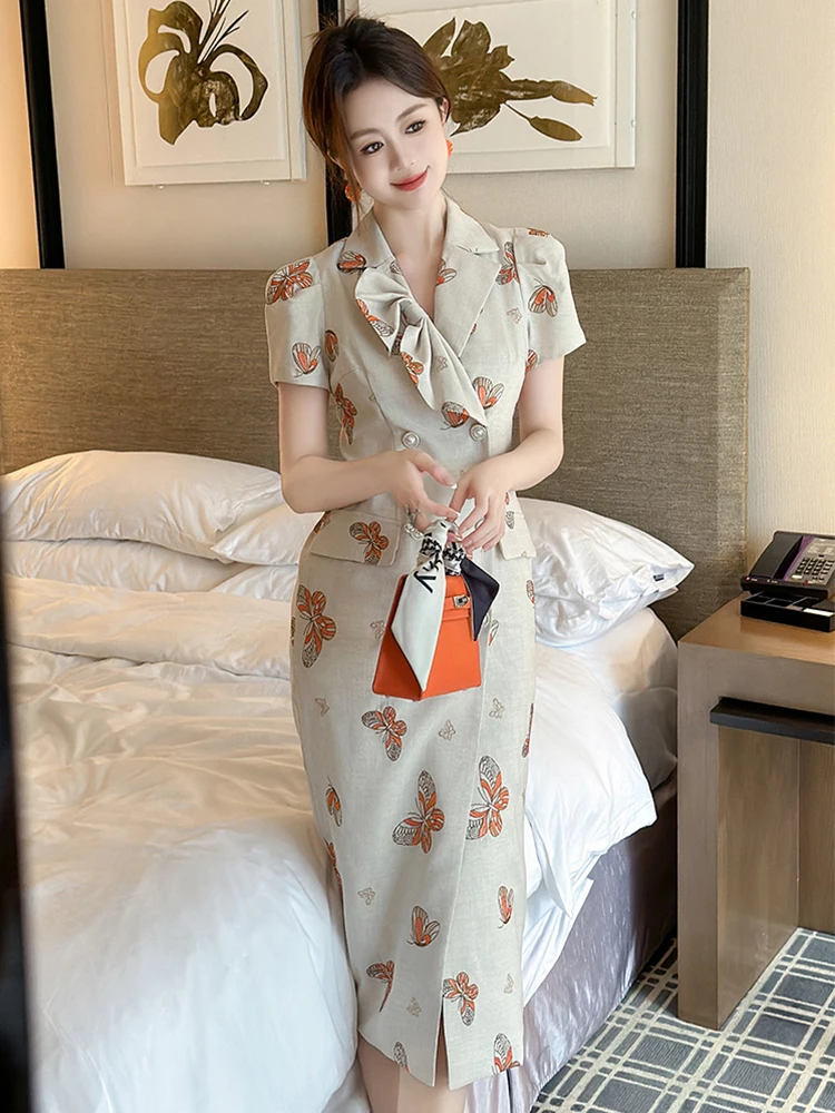 ファッションエレガントなフォーマルドレスの女性のシックな甘いダブルブレストスプリットローブビジネスワーク Vestido プロフェッショナル OL パーティー服