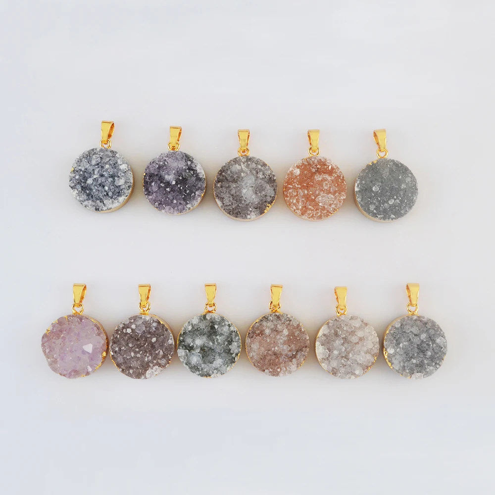 

BOROSA Elegant Golden Plated Round Shaped Agate Druzy Pendant Connector Natural Stone Charms for Women Necklace Jewelry Gifts