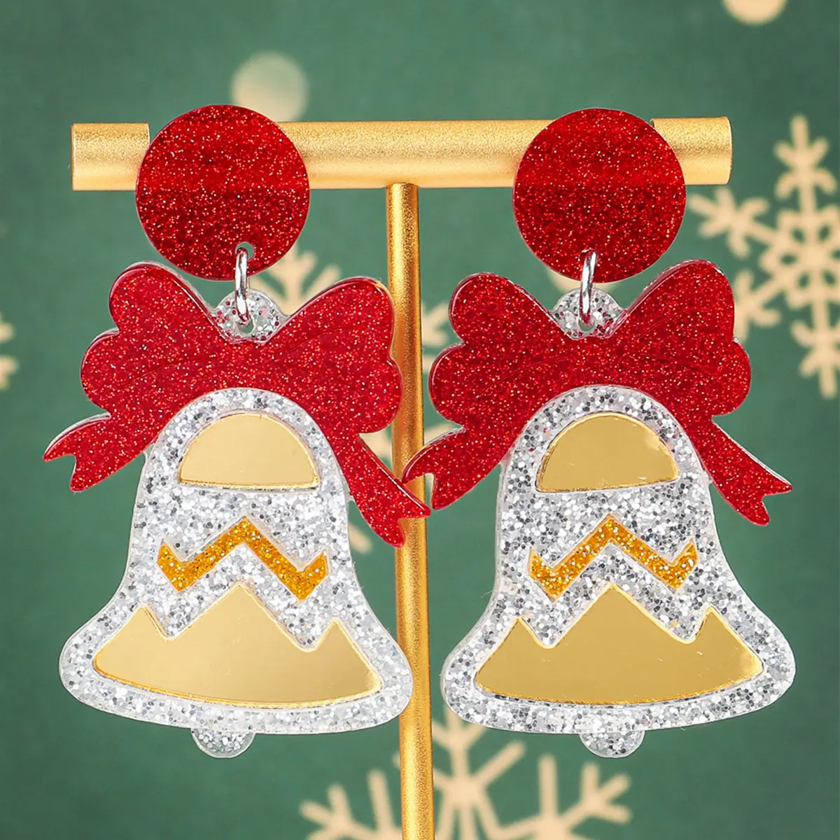 

Christmas Bell Bow Acrylic Earrings for Women New Glitter Mirror Bowknot Jingling Bells Drop Earring New Year Party Jewelry Gift