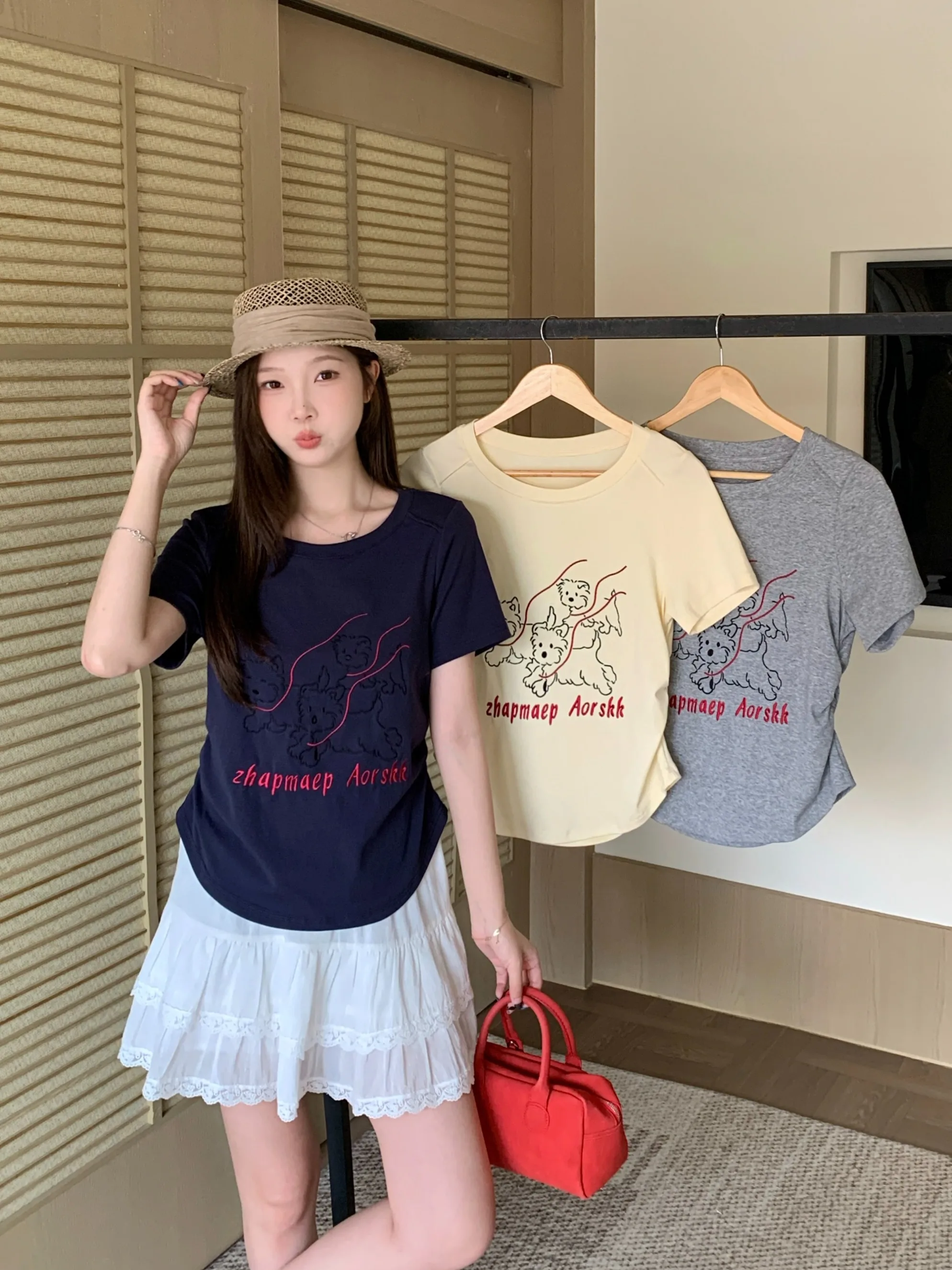 

plus Size Women's Korean Style Short Sleeve T-Shirt Dog Print Slimming High Waist Asymmetrical Top Summer New Arrival