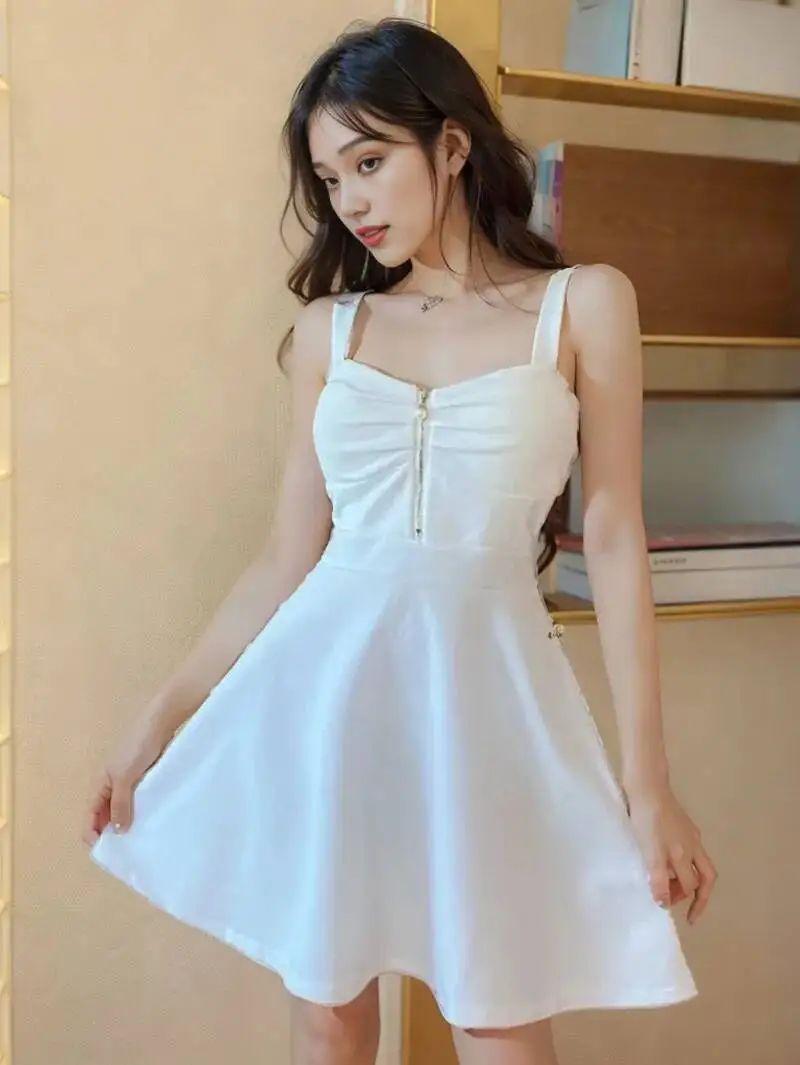 2022 New Sexy Dress Mesh Red Strap A-line Slim Fit Slim Ruffled Low Chest Zipper Korean Style Short Dress Women Charm PG9J