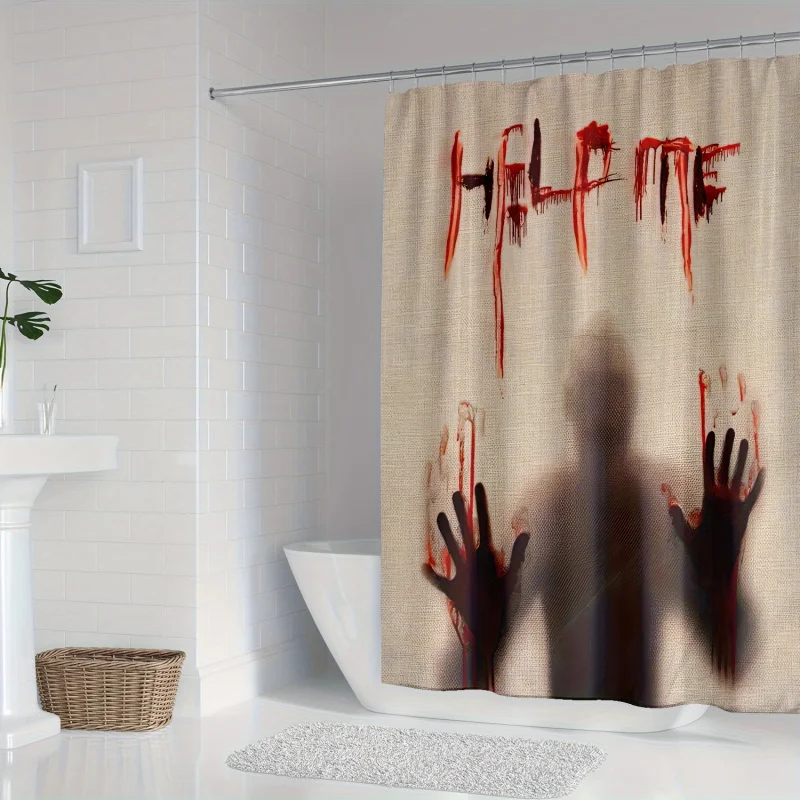 Haunted Shadow Bloodstain Help Me Horror Shower Curtain with Hooks, Machine Washable Knit Polyester Fabric, Woven Digital Print,