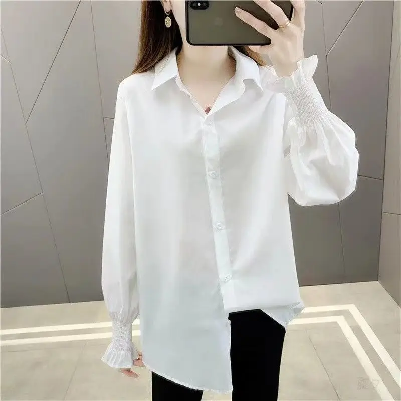 

Ранняя весна и осень, новая женская шифоновая однотонная рубашка, корейская версия, свободная тонкая универсальная куртка, дизайн ниши