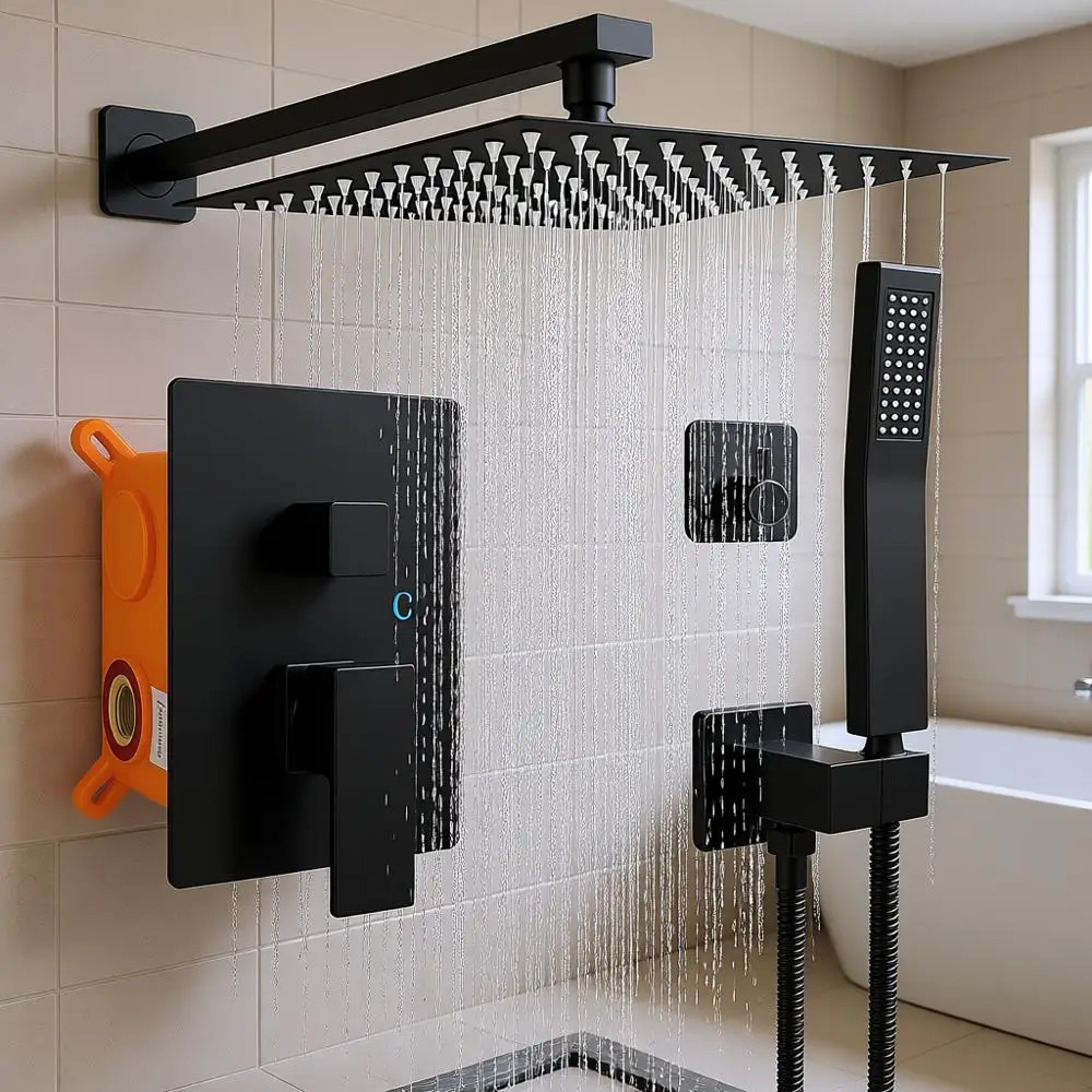 

Комплект для душа и ручного душа из 12 предметов, матовый черный: потолочная душевая система с квадратным тропическим душем и ручной лейкой высокого давления