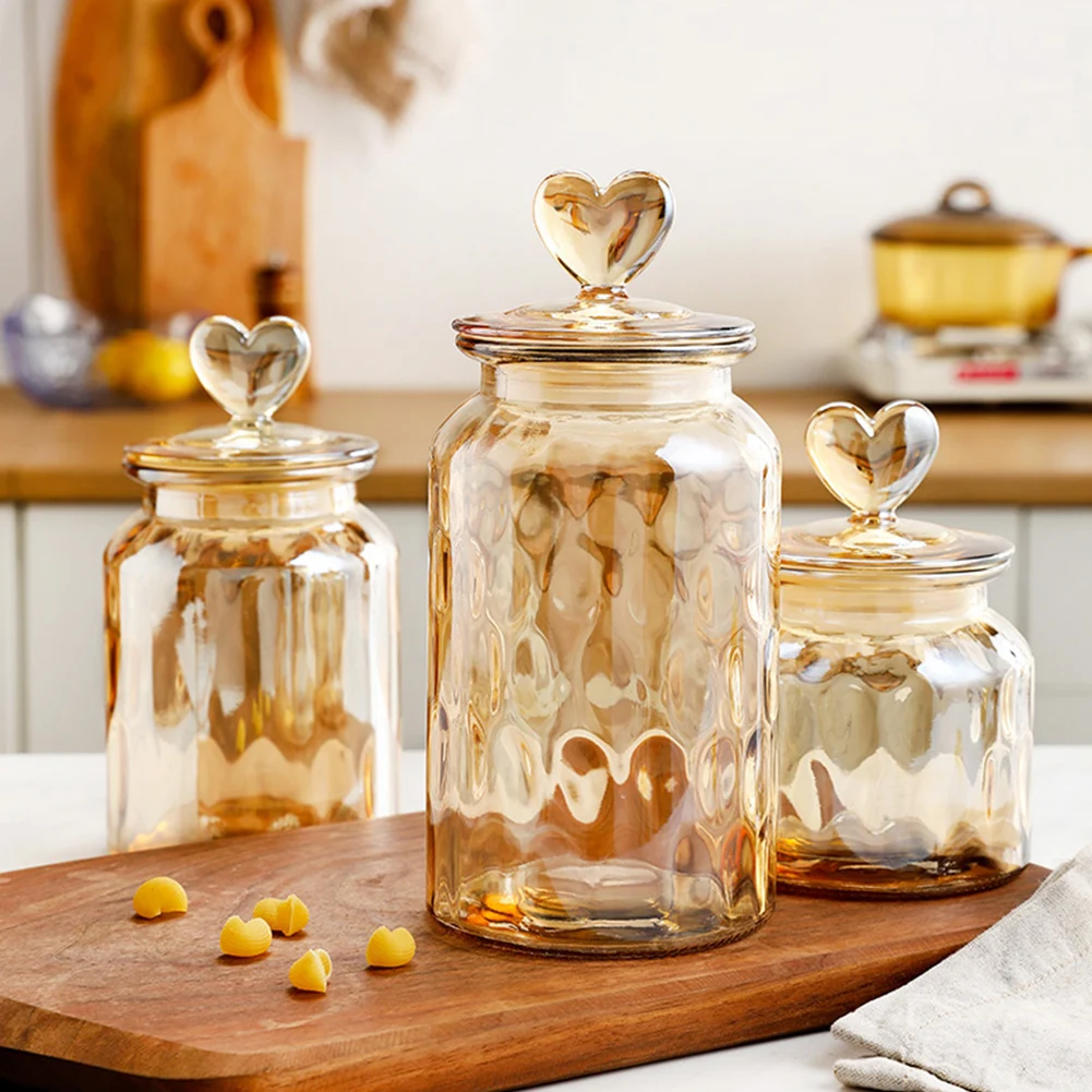 Transparent Heart Shaped Lid Glass Container Amber Glass Sealed Jars Coffee Bean Kitchen Food Storage Containers