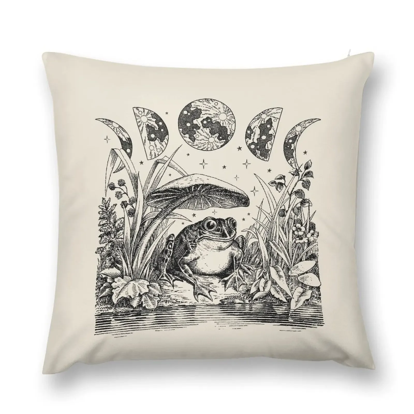 Cottagecore Aesthetic Frog, Mushroom Moon Witchcraft: Vintage Dark Academia, Goblincore Froggy, Emo Grunge Nature F Throw Pillow