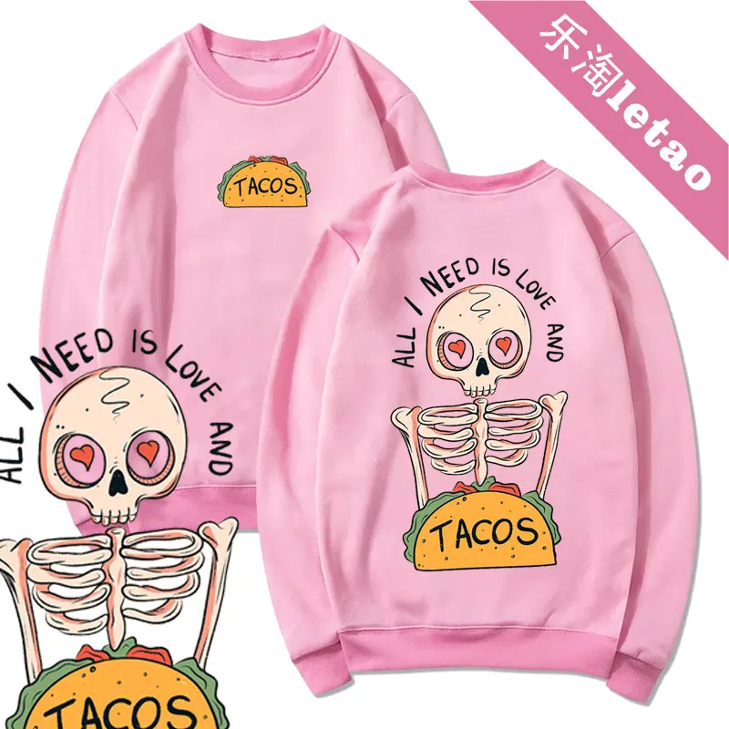 

All I Need Is Love and Tacos Halloween Hoodie Fall Harajuku Warm Jumper Red Santa Hat Head Skull Print Hoodie Vintage Sweatshirt