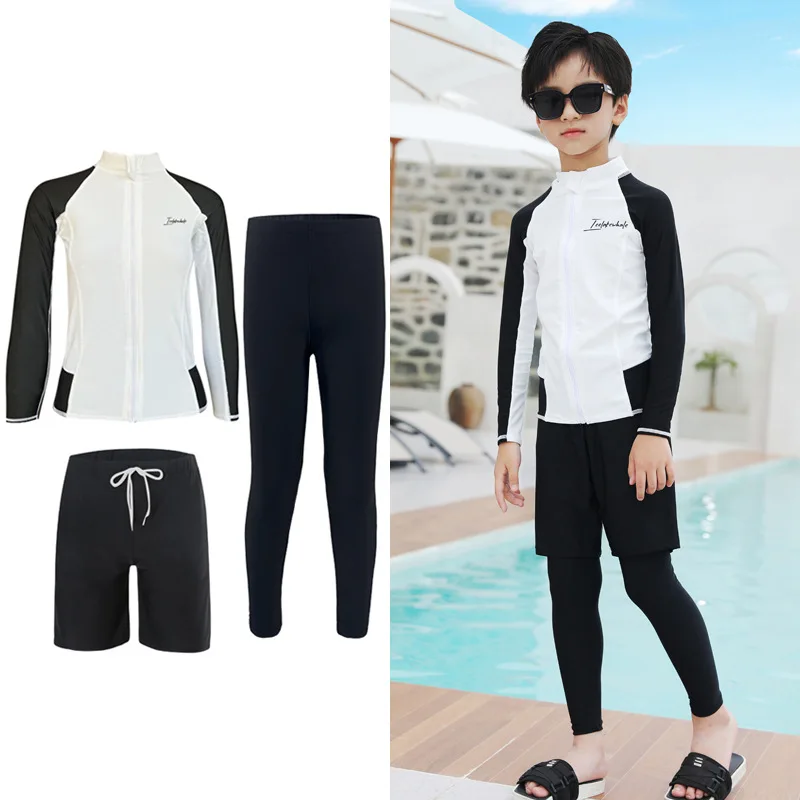 

Three Piece Long Sleeve Cover Up Swimwear Korean Beach Wear Kids Girls Boys Swimsuit White Black Rash Guard Bathing Suits Pants