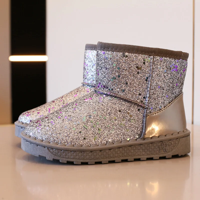 Girl Snow Boots 2024 Winter New Versatile Sequin Princess Cotton Shoe Girl Plush Warm Short Boot Girls Cotton Shoe Girls Boot