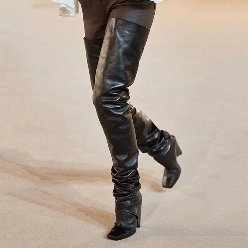 Arden Furtado Brown Patent Leather Tapered heel Over the knee boots Square-head Pleated Slip-on Fashion high heel Knight boots
