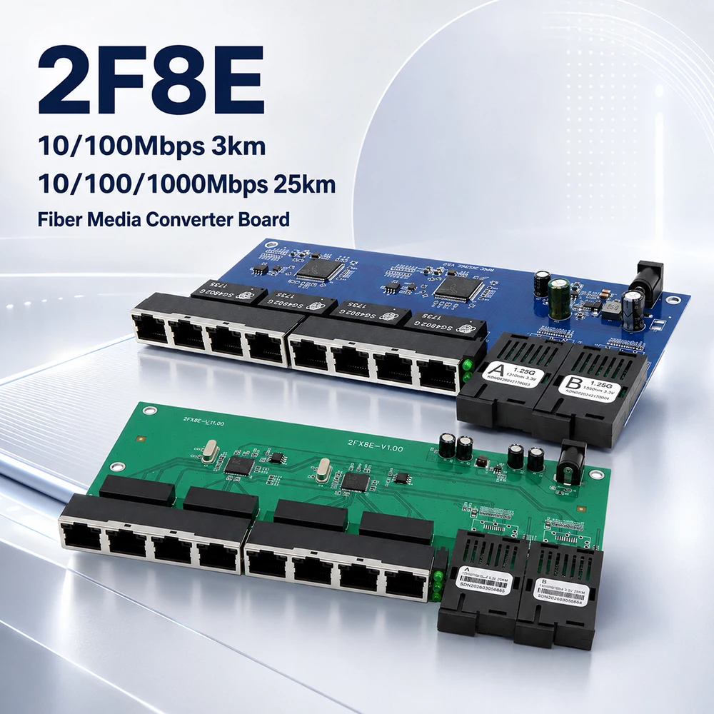 BYXGD 2F8E Single Fiber BIDI Media Converter PCB 10/100M Gigabit SC 8RJ45 3KM 25KM CCTV FTTH for Russia Brazil Spain Korea