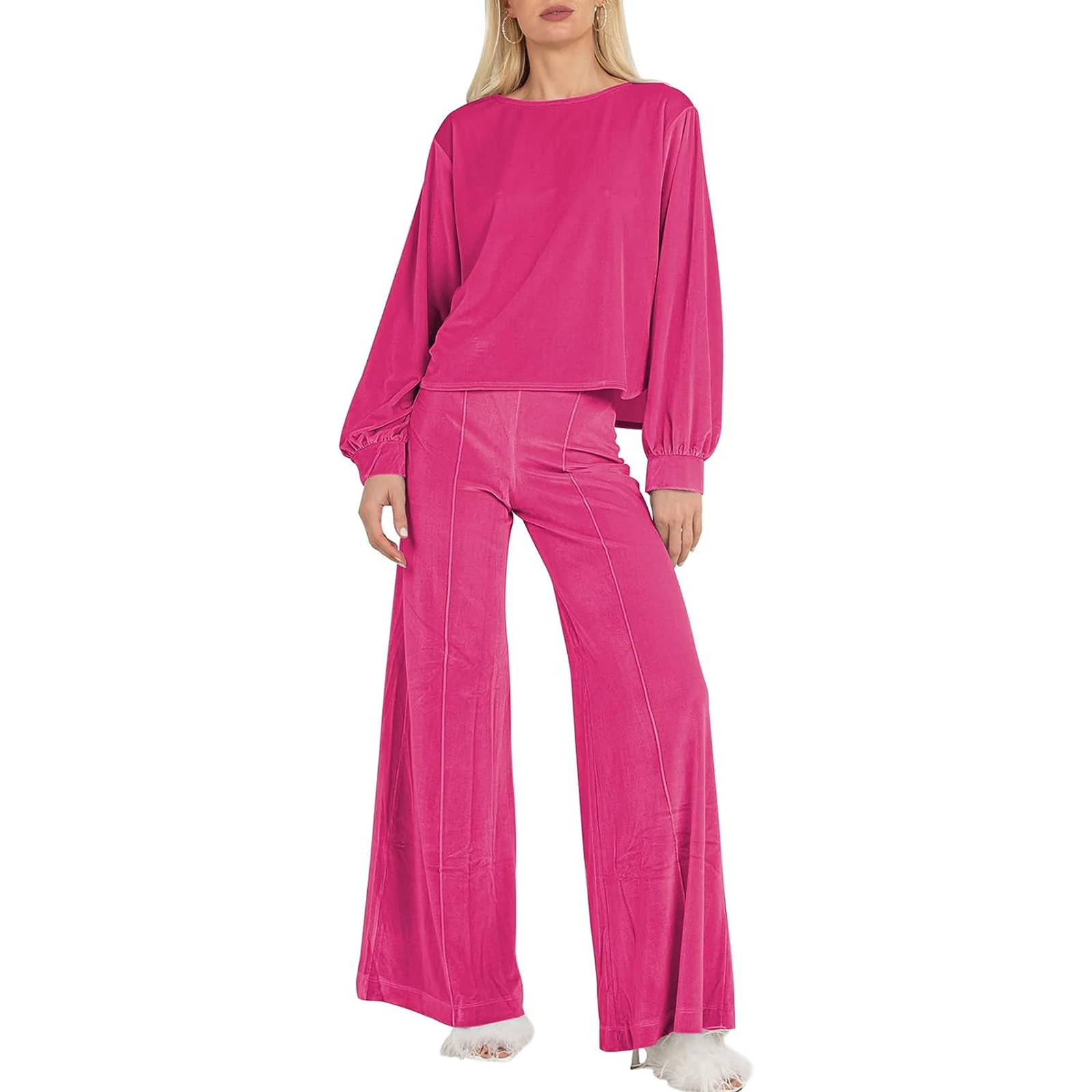 Pantaloni da donna in tinta unita tuta elegante t-shirt girocollo a maniche lunghe con pantaloni a gamba larga completi coordinati