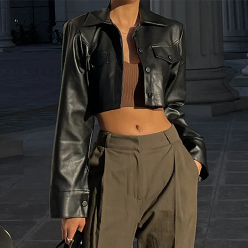 WhereMery Faux Leather Short Jacket Y2K Turn-down Collar Fashion Botton Decoration PU Coat 2022 Grunge Street Casual Women Coats