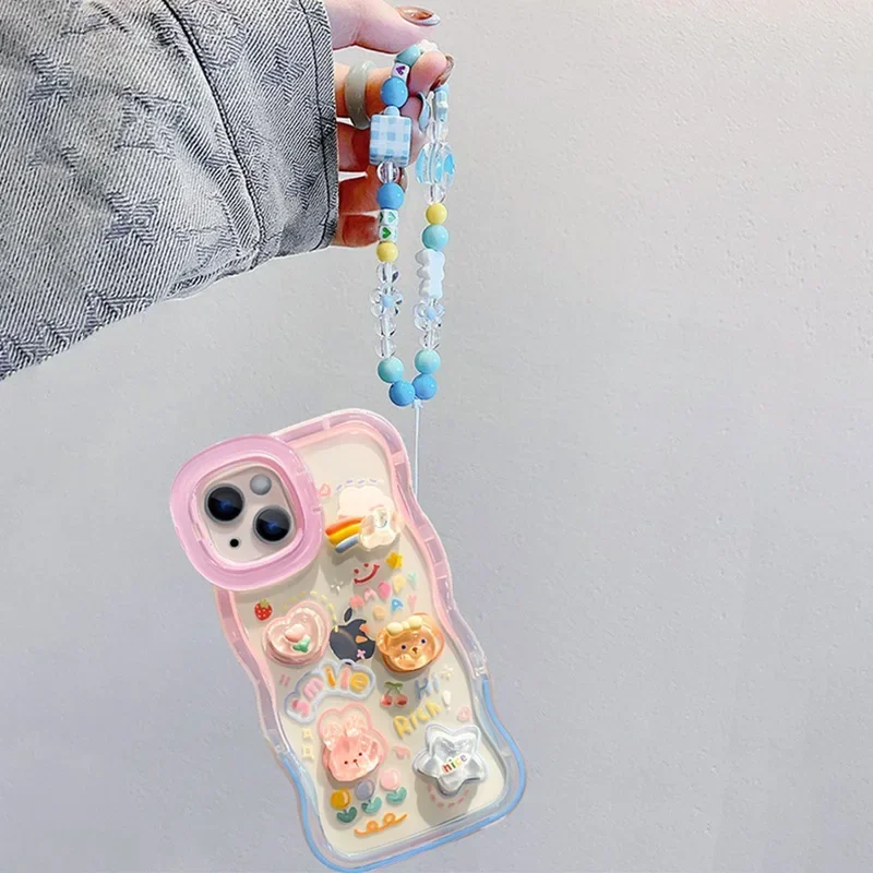 Funda con cadena de cuentas y soporte arcoíris 3D para iPhone 15 16 17 14 13 12 11 Pro Max Plus XS XR, con soporte y agarre 5