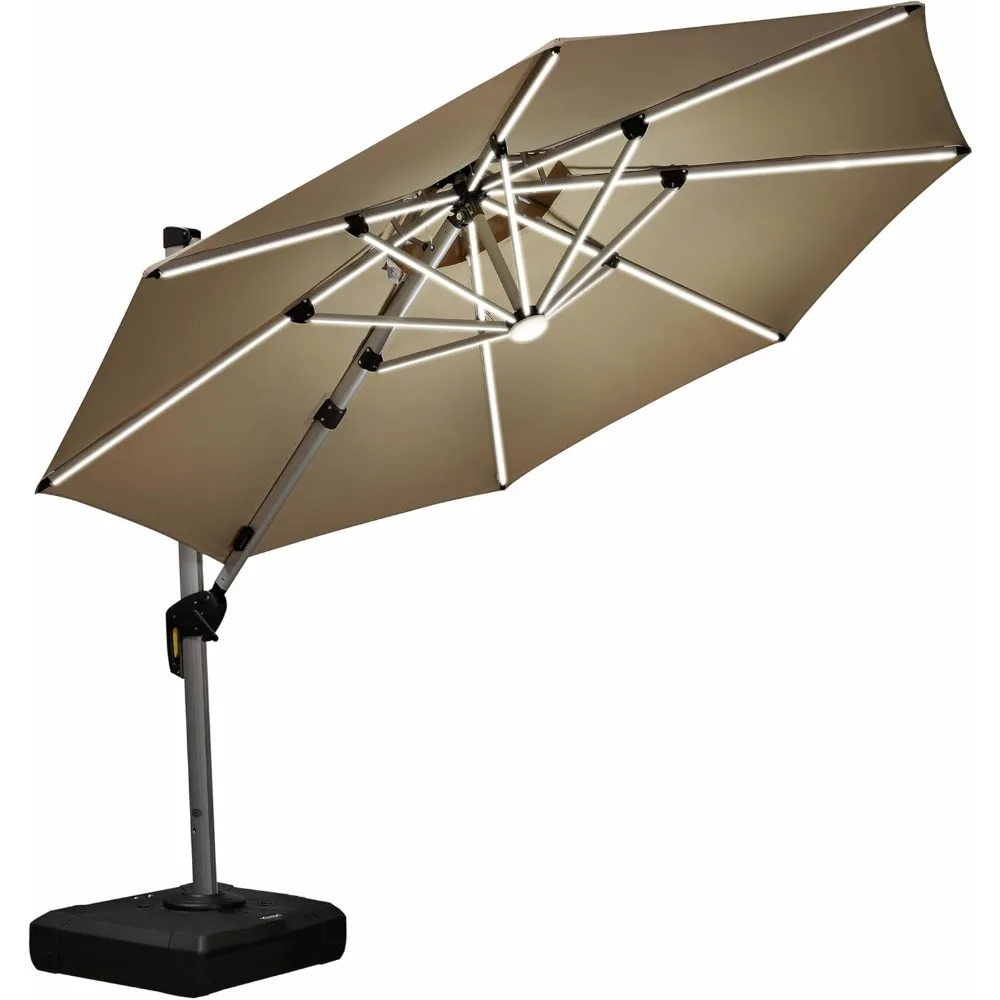

10ft Solar powered LED Patio Umbrella Outdoor Round Umbrellas Large Cantilever Umbrella with LED lights Windproof Offset Umbrel