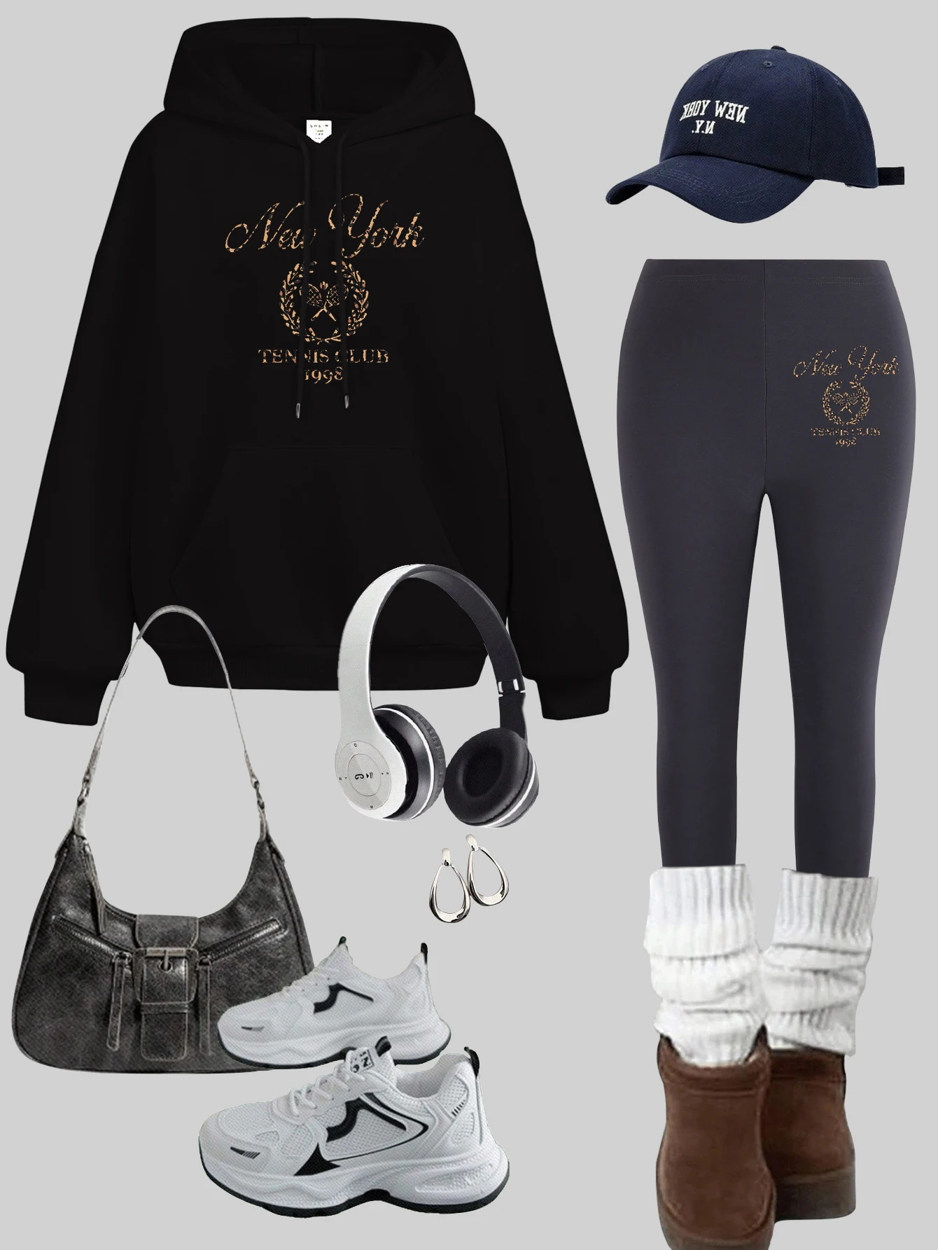 

Женские пуловеры с принтами New York Tennis Club, комплект Y2K, теплые толстовки с карманами, повседневные утепленные леггинсы, флисовая спортивная одежда в стиле хип-хоп