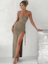 Abito a fessura alta con coulisse articolato donna Sexy monospalla Slim Elastic Maxi Bodycon Party abiti pieghettati abiti femminili