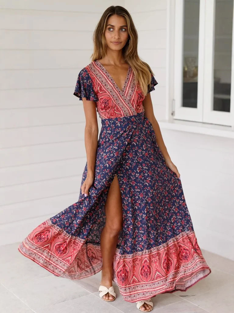 2024 Summer Leisure Hot Sale Holiday Printed Dress Sexy Long Dress Women's Wear