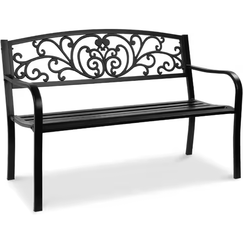 Outdoor Bench Steel Garden Patio Porch Furniture for Lawn, Park, Deck w/Floral Design Backrest, Slatted Seat