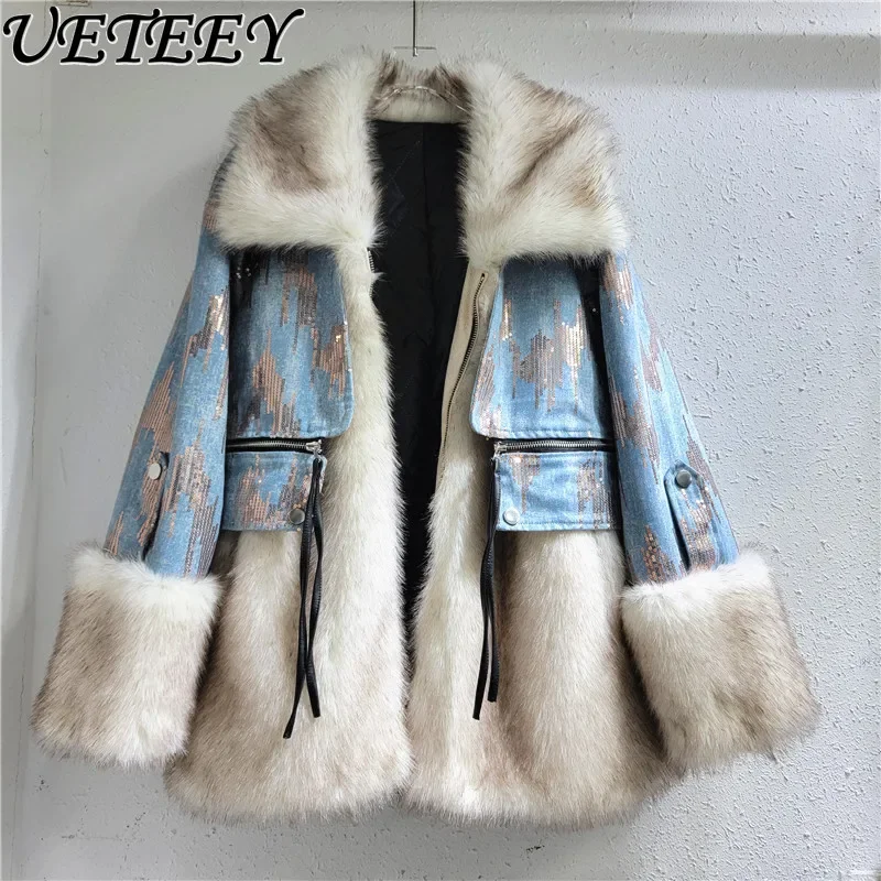 

Personality Affordable Luxury Lapel Design Faux Fur Coat Winter Furry Stitching Sequins Denim Loose Slimming Puffer Jacket