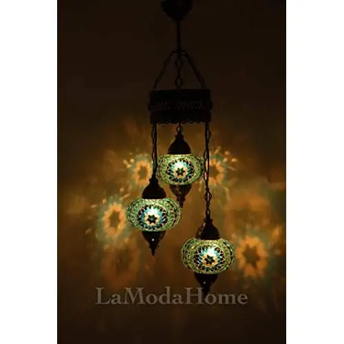 LaModaHome 35 + Unique Colors, 2020 Customizable Chandelier 3 Globes + Free 3 Bulbs, stunning Mosaic Turkish Lamp Moroccan Light