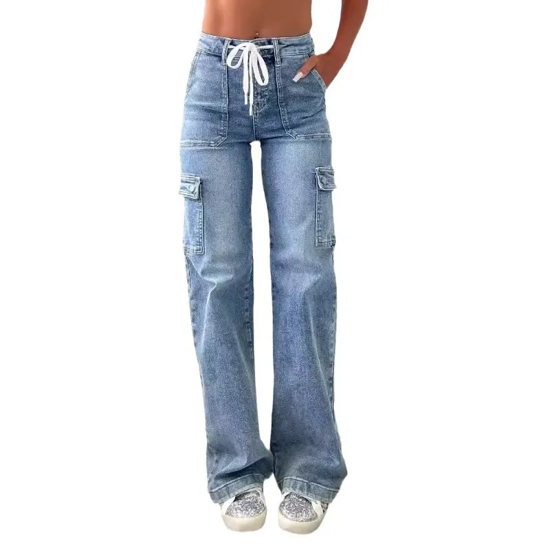 2026 New Denim Cargo Women Streetwear Straight Trousers Floor Length High Waist Jeans Multiple Pockets Lace Up Distressed Pants