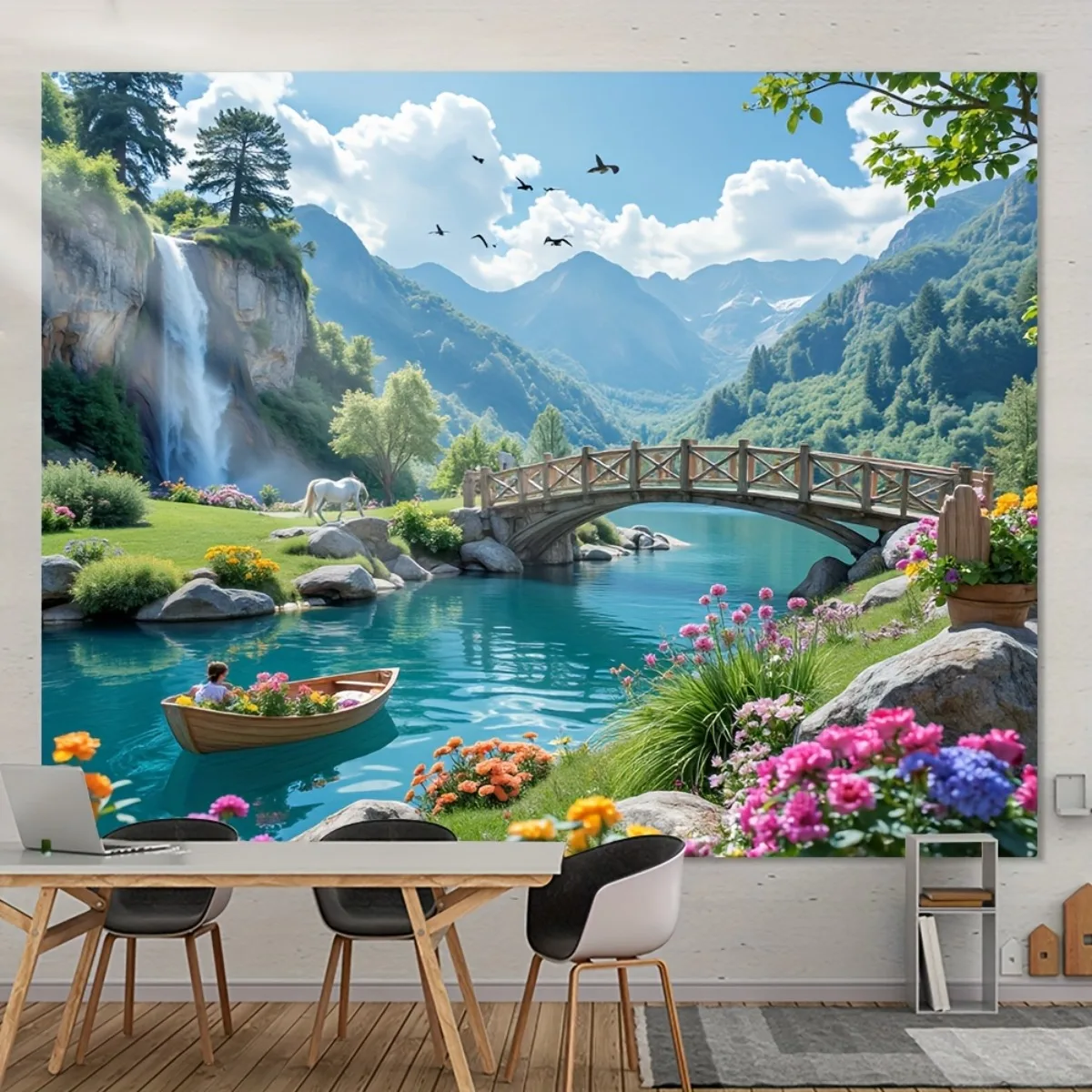 Idyllic Nature Landscape Tapestry, Turquoise River, Alpine Scenery, Flying Birds Wall Hanging Apartment Bedroom Dorm Home Decor