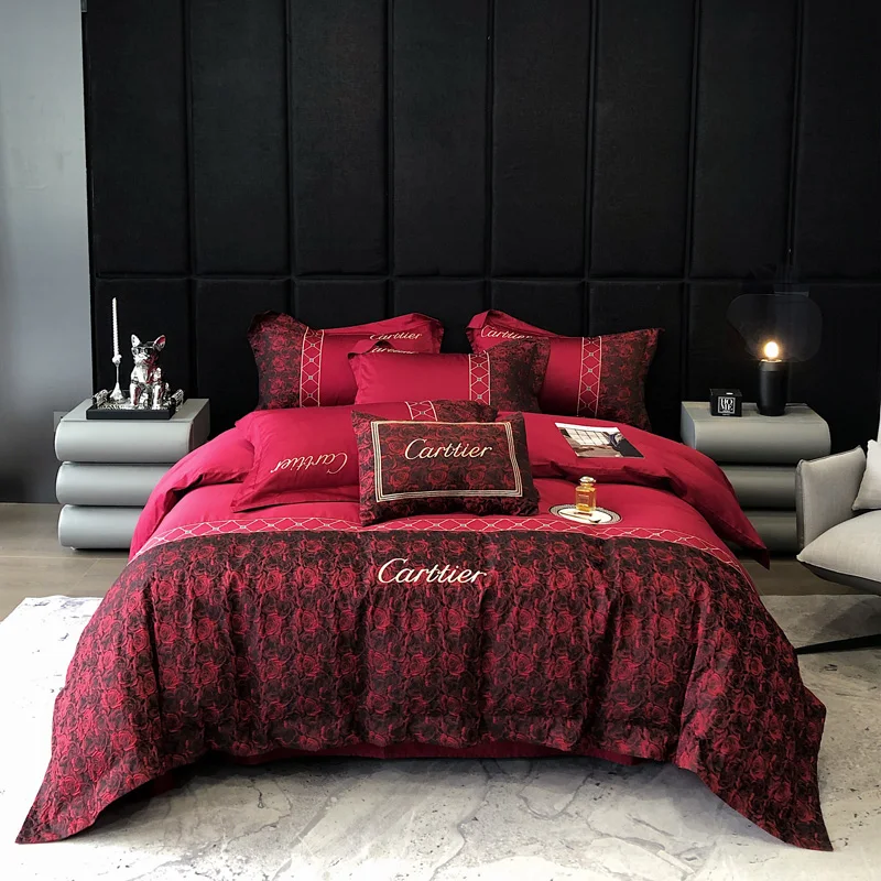 High-end Princess Wedding Bedding Set Luxury Red Rose Flowers Print Embroidery Cotton Quilt/Duvet Cover Bed Sheet Pillowcases