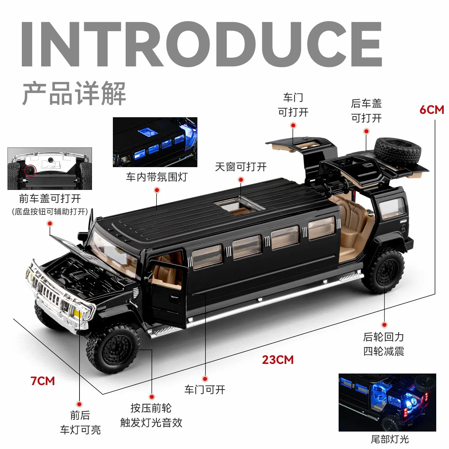 1:32 HM H2 Extended Edition Model Toy Cars Alloy Diecast Sound Light Toy Vehicles Kids Gifts