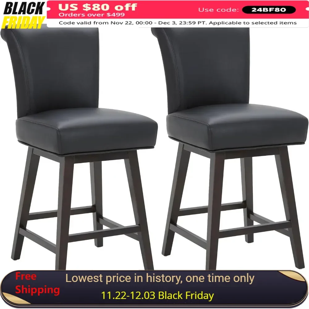 26 Inch Height Bar Stools Set of 2 with Back, FSC Certified Modern Upholstered Faux Leather Swivel Barstool Chair, Bar Stools