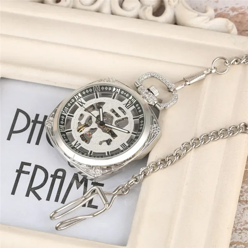 Silver Square Case Men Women Hand-Wind Mechanical Pocket Watch Roman Numeral Luminous Hands Pendant Chain Skeleton Clock