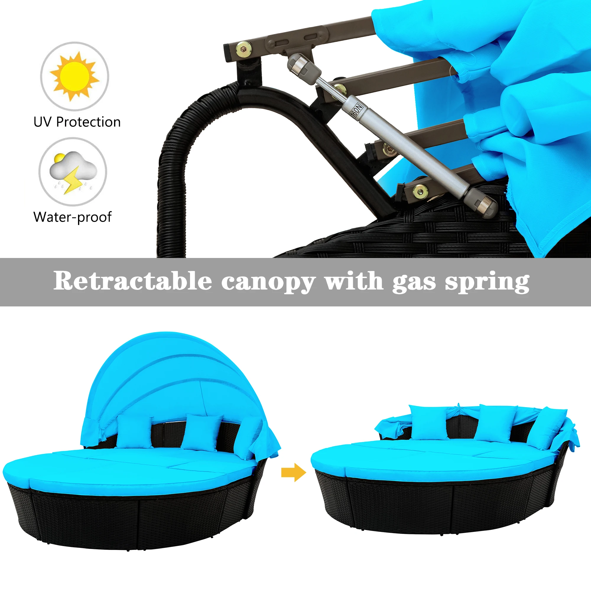 Outdoor Rattan Daybed Sunbed W/Retractable Canopy Round Sectional Sofa Set Black Wicker Furniture Clamshell Seating[US-Stock]