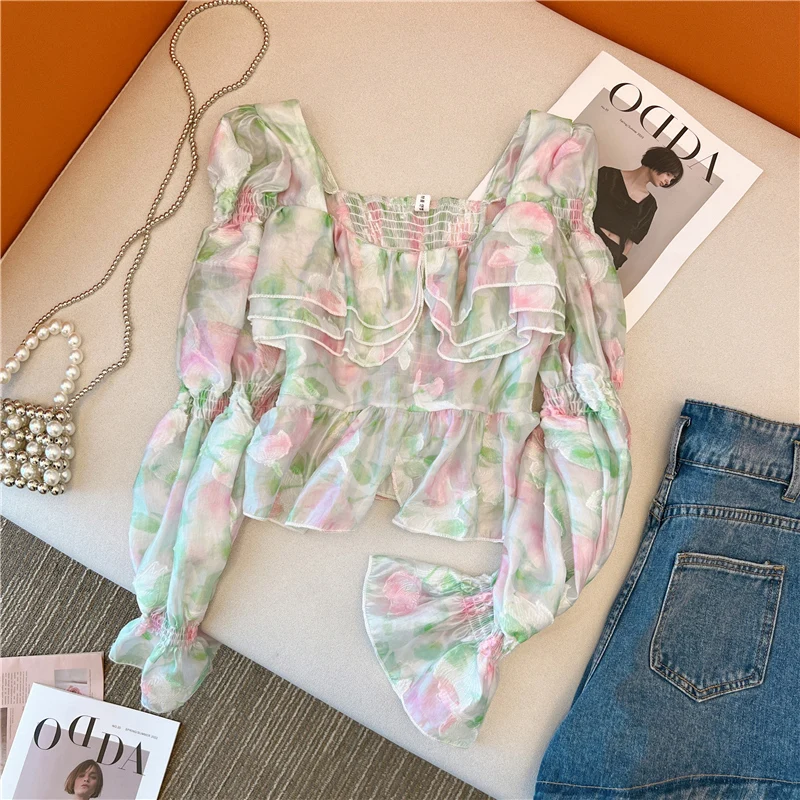 

Blouse Women Floral Printed Square Collar Flare Long Sleeve Ruffles Sexy Shirts Sweet Vintage Female Crop Tops Casual