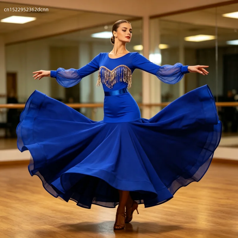 Elegant Women Ballroom Dress Rhinestone V-Line Neck Flare Mesh Sleeve Modern Dance Costume Waltz Performance Dancewear Clothes