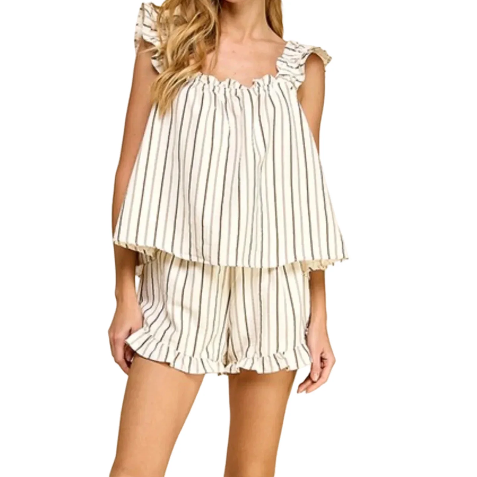 

Женская повседневная одежда из двух предметов, топы без рукавов с графическим принтом и рюшами, шорты, комплект уличной одежды