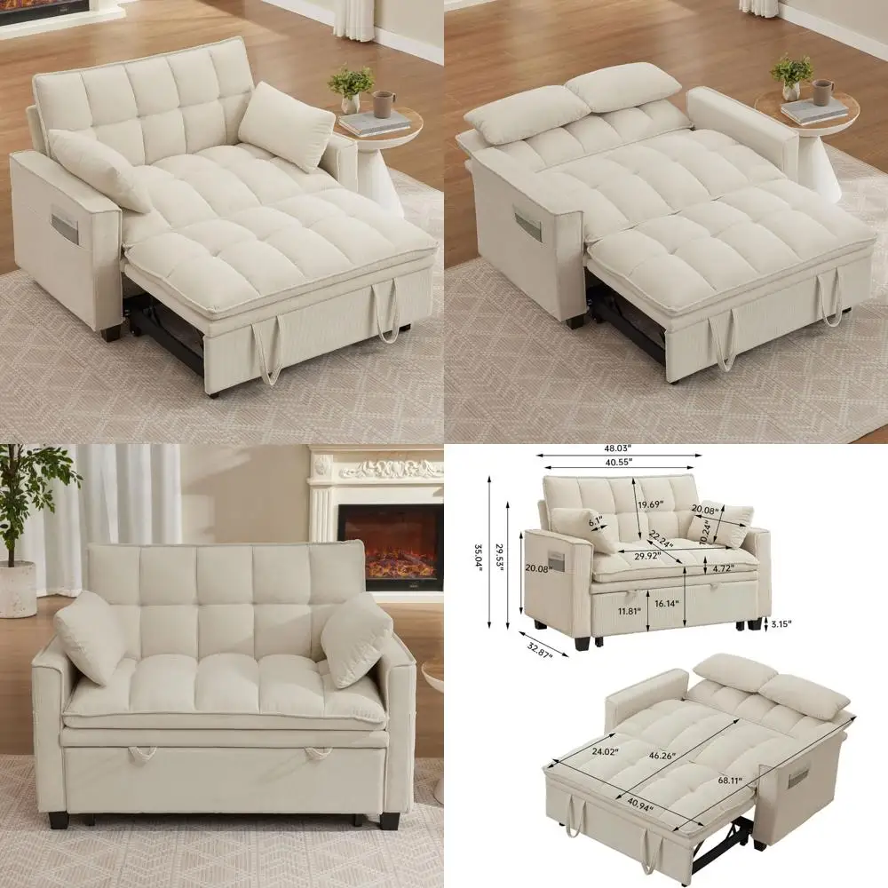 48 Inch 3-Way Folding Sofa Bed with Pull-Out Couch and Adjustable Backrest, Modern Corduroy Fabric, Easy Assembly, PE