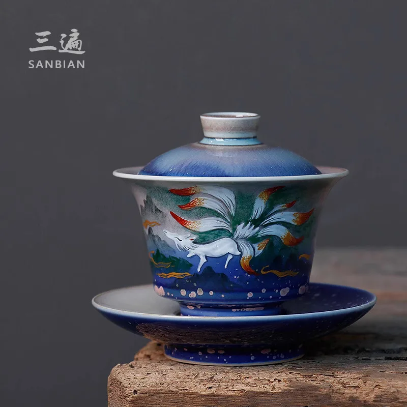 

Крытая чашка Shanhaijing, чайный набор Цзиндэчжэнь, кунг-фу, ручная роспись, девятихвостая лиса, три таланта