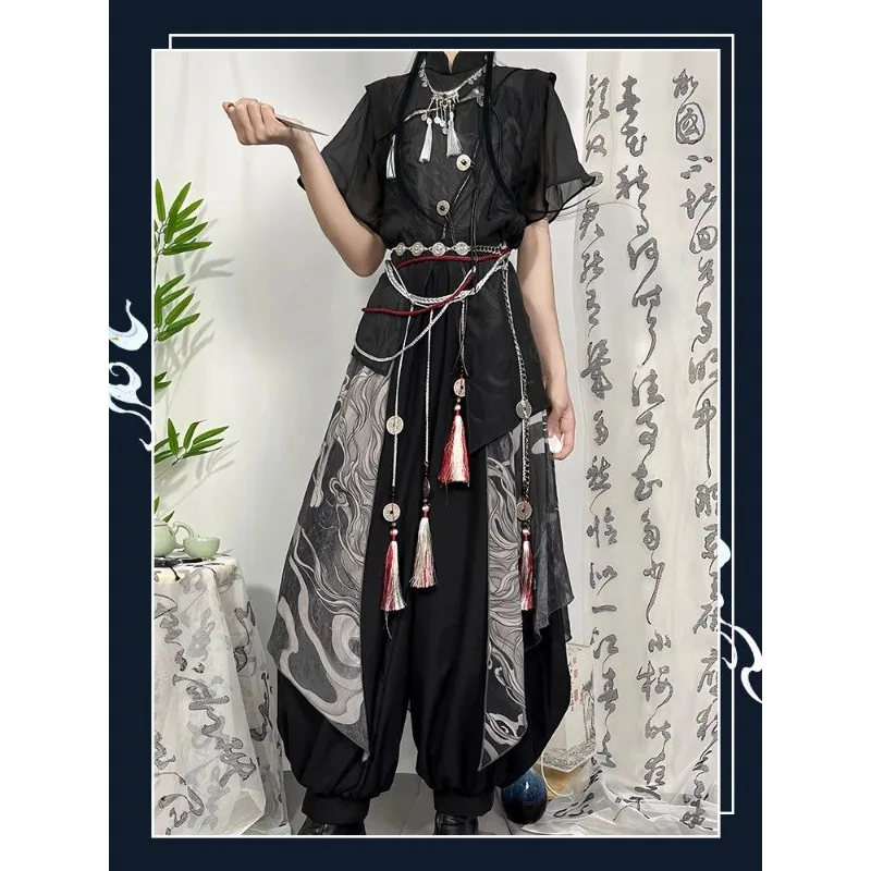 Summer Oriental Black Suspender Short Sleeve Irregular Tops Bloomers Hanfu Suit 6pcs Unisex Men Women Halloween Cosplay Costumes