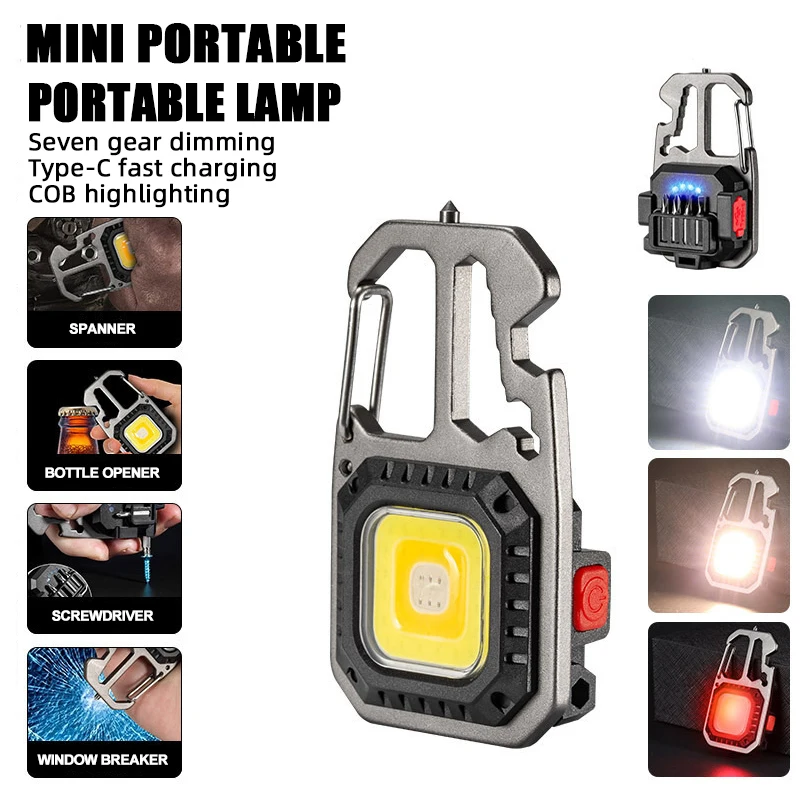 LED Portable Keychain Flashlight Outdoor Camping COB Work Light Emergency Lighting With Window Hammer Bottle Opener Lamp