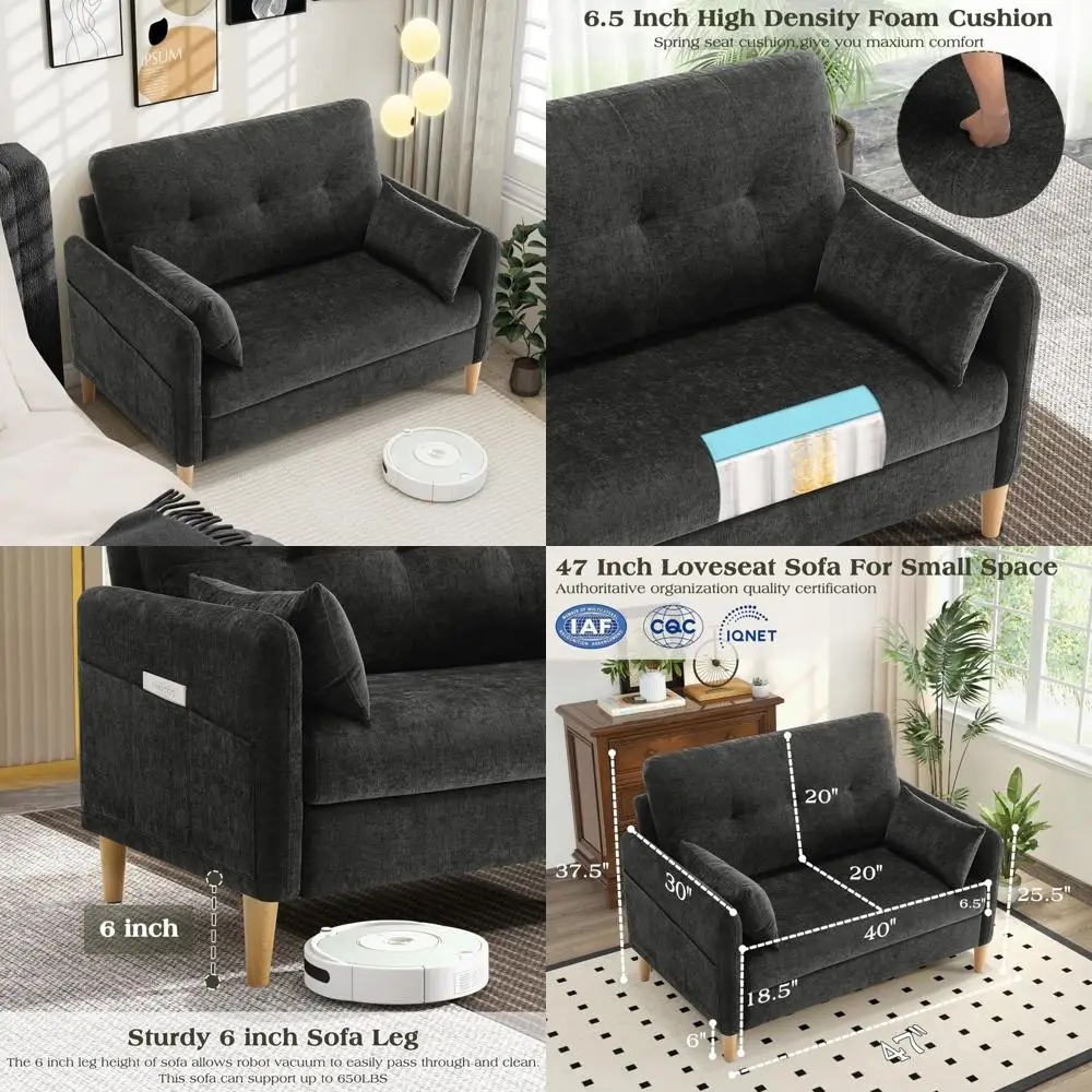 

Compact 47 Couch for Living Room, Plush Chenille Fabric Love Seat with Removable Throw Pillows for Bedroom Comfort